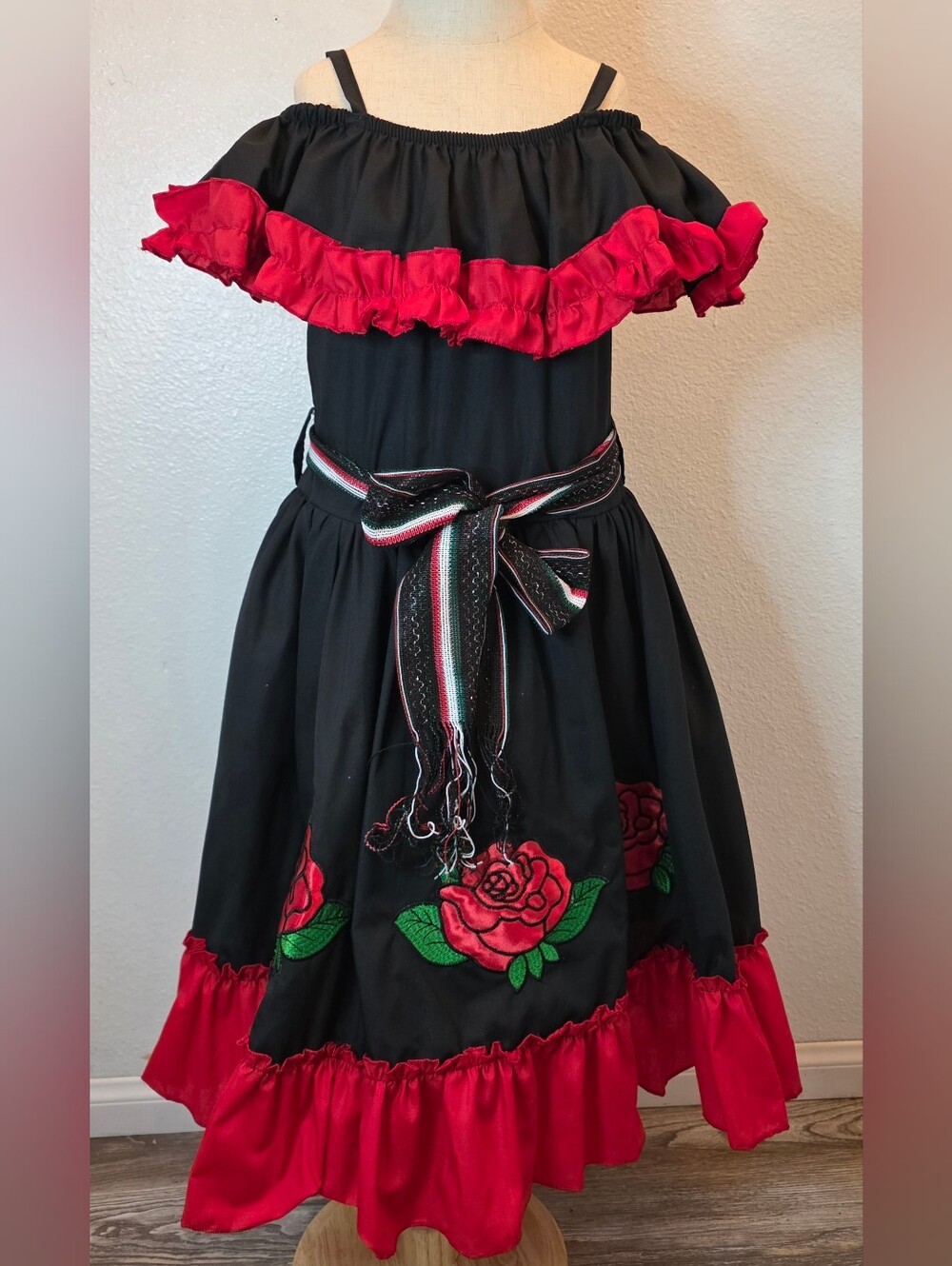 Mexican Dress for Girls Traditional Off-Shoulder Black Ruffle Embroidery 8 Years